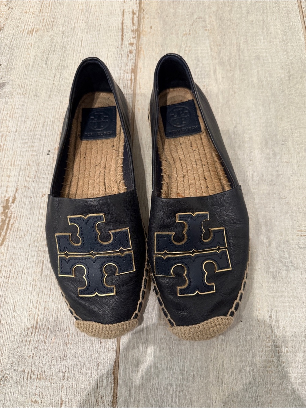 Tory Burch Black Leather Espadrille Slip-Ons with Gold-Trim Logo